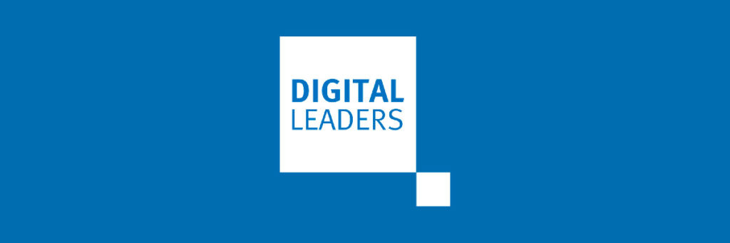 Blue banner with a white square in the center containing the words "DIGITAL LEADERS" in bold blue letters. A small white square is positioned below and slightly to the right of the larger square, creating a minimalist geometric design against the blue background.