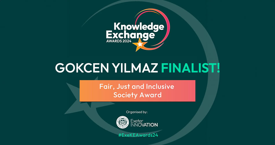 Image showing the Knowledge Exchange Awards 2024 logo with a star, and text stating “I AM A FINALIST!” under the “Fair, Just and Inclusive Society Award” category. Organized by University of Exeter Innovation with hashtag #ExeKEAwards24.