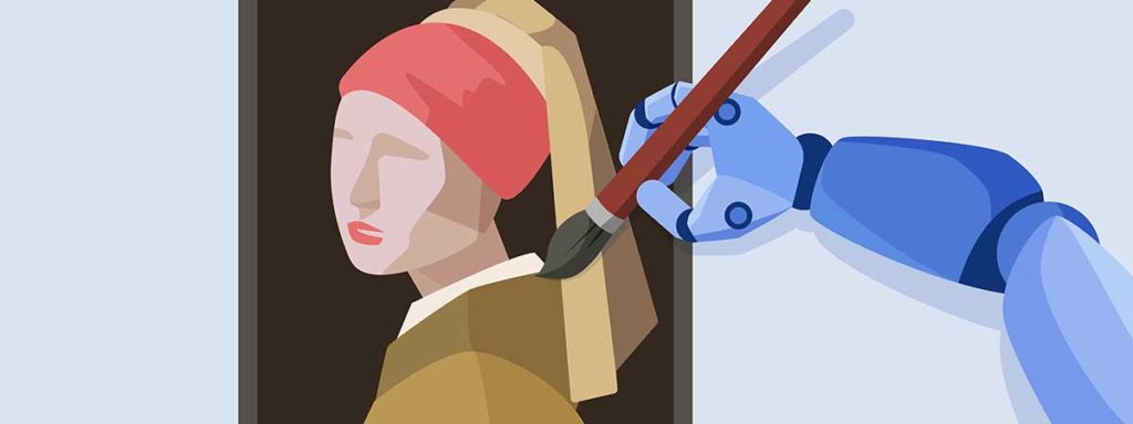 A robotic arm holding a paintbrush adds strokes to a digital artwork resembling a classic portrait, symbolizing artificial intelligence contributing to creative processes. Illustration in flat design style. Credit: Shutterstock.