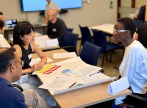 People seated around a table engaged in a design workshop activity, with colorful circular tokens and printed sheets spread out for discussion. Credit: Dr Boyeun Lee