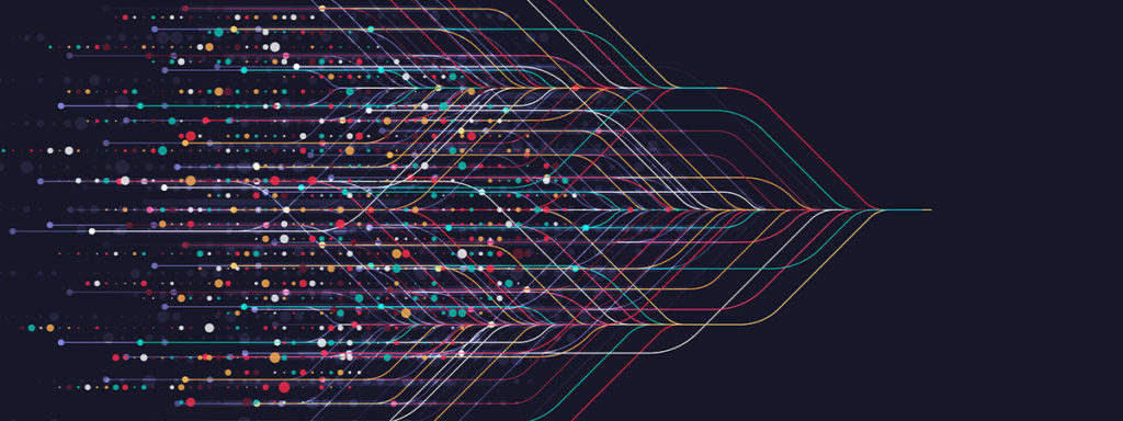 Abstract visualization of multicolored lines and dots converging toward the right on a dark background, symbolizing data flow, connectivity, or network integration. Credit: Shutterstock